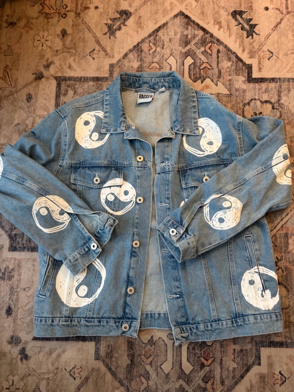 Raggedy Blue Denim Jean Jacket with White Yin-Yang Prints